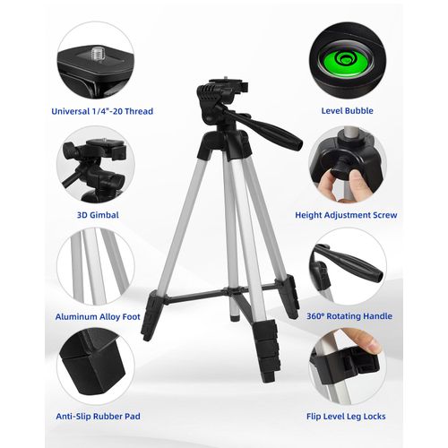 16.5"-55" Aluminum Tripod for Laser Level, 1.2lb Lightweight, 3D Pan Tilt with Bubble Level, Quick Release Plate, Silver