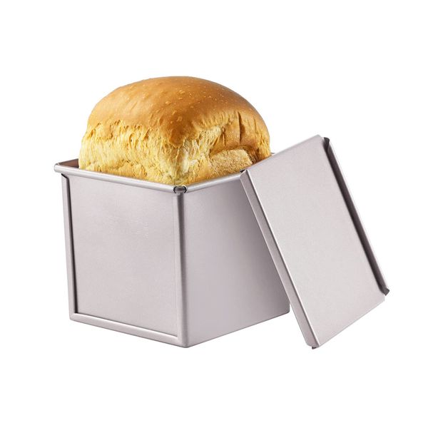 CHEFMADE Mini Pullman Loaf Pan with Lip, 0.55Lb Dough Capacity Non-Stick Rectangle Flat Toast Box for Oven Baking 3.9" x 3.9"x 3.9" (Champagne Gold)