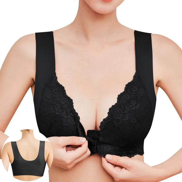 APIKIE Bra, Front Hook, Newly Developed Front Hook, Supervised by Mammary Gland Experts, 3D Cup, Ideal Cleavage Makeup, Seamless Bra, Large Size, Front Hook, Plunging Bra, Wireless, Supportive Feel, Elastic Correction Bra, Lace Bra, Soft, Breathable, 24 H