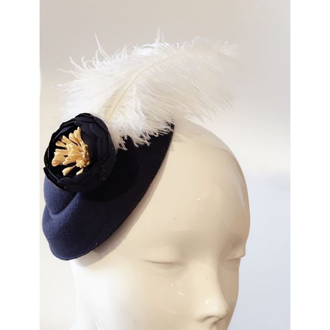 Caprilite Fashion Navy Peony Flower Pillbox Hat Fascinator White Ostrich Feather Gatsby Hair Clip