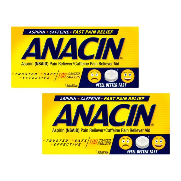 Anacin Fast Pain Relief Pain Reducer Aspirin Tablets, 100 Tabs (Value Pack of 2)