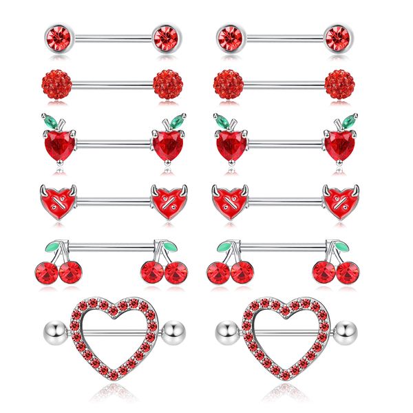 JOERICA 6 Pairs 14G Nipple Rings for Women 316L Stainless Steel Heart Butterfly Moon CZ Flower Barbell Nipple Rings Set Cute Nipplerings Piercing Jewelry