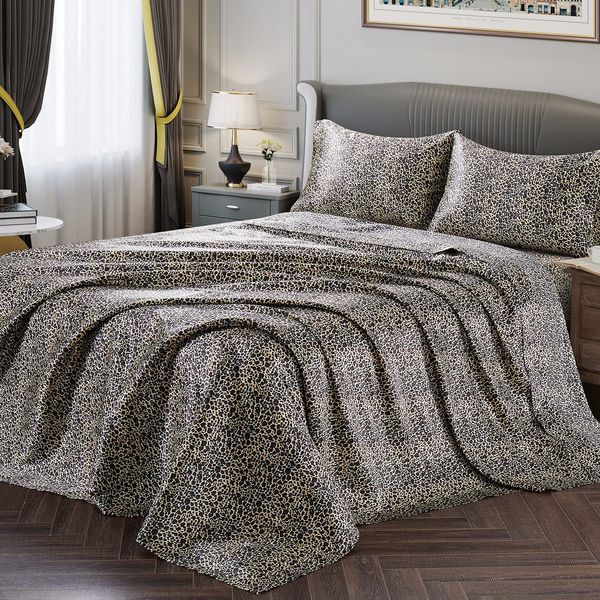 Satin Sheets Cal King Size Silky Soft Satin Bed Sheets Leopard Print Sheet Se...