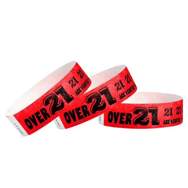 500 WristCo Over 21 Neon Red Tyvek Wristbands for Events - ¾” x 10” - Waterproof Recyclable Comfortable Tear Resistant Paper Bracelets Wrist Bands for Concerts Festivals Admission Party