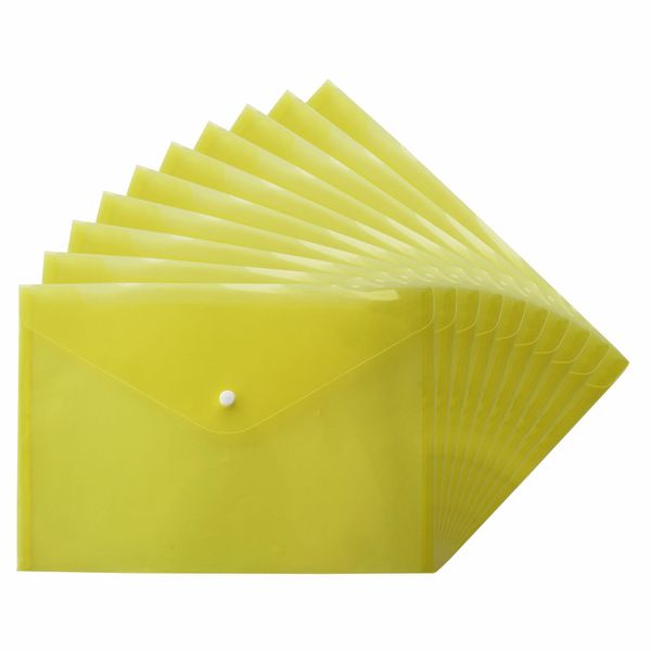 CHPL- [ 100 Pcs ] A4 Plastic Wallets | Translucent Stud Wallet | Popper Document Folder | A4 Modern Style Popper Wallets | Waterproof Stud Envelope Carry for Document | Yellow |