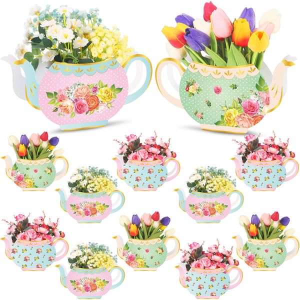 Ireer 12 Pieces Tea Party Centerpieces for Table Tea Party Decorations Teapot Princess Flower Centerpieces for Floral Tea Themed Birthday Party Supplies Baby Shower Wedding Anniversaries