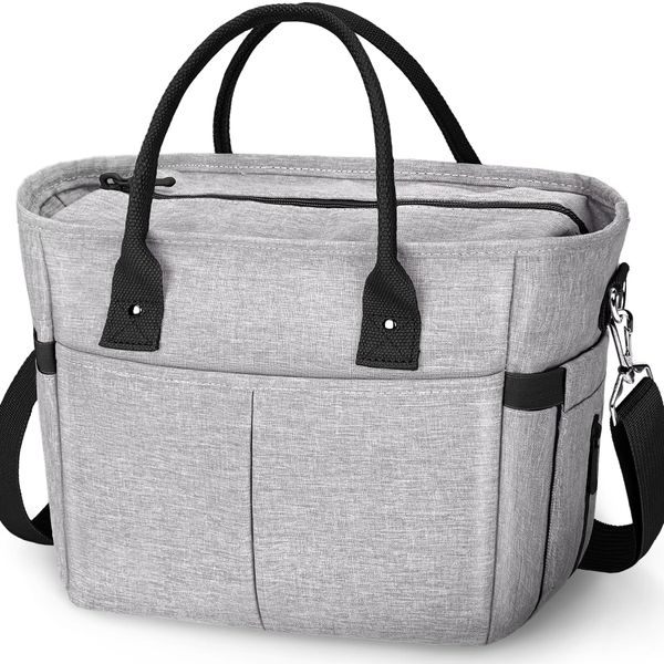 KIPBELIF Insulated Lunch Bags for Women - Large Tote Adult Lunch Box for Women with Shoulder Strap, Side Pockets and Water Bottle Holder, Gray, Extra Large Size