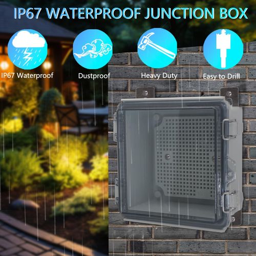 IP67 Waterproof Junction Box, ABS Plastic Electrical Enclosure with Stainless Steel Latch, Hinged Cover Electric Box with Mounting Plate, Wall Brackets & Cable Glands 280x190x140mm