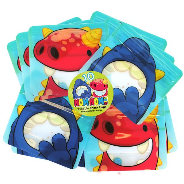 Nom Nom Kids – 10 x Reusable Snack Bags – Monster design – BPA free - No Leak, Air-tight Double Zip – ideal for Baby Led Weaning, toddlers and school snacks – Eco friendly