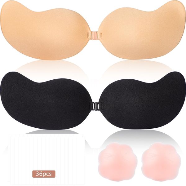 Runmeihe 2 Pack Reusable Push Up Strapless Bra, Invisible Adhesive Backless Bra with 2 Pair Nipple Covers 36pcs Body Tape, Sticky Push Up Bra for Women