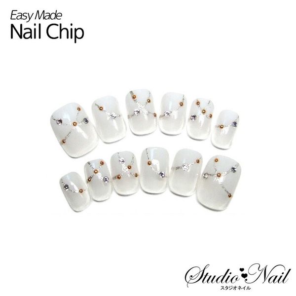 Short nail tips, clear glitter base, white air gradient, silver line, with Swarovski crystals, simple, 12 nail tips, nails, nail tips, for fingernails, short, short nails, small nails, gel [KS]