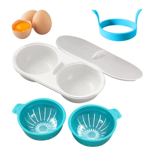 1-Pack Egg Steamer with 1 Silicone Egg Ring, Kitchen Accessories, Double-Cup Egg Boiler, Cooking Mould, Poached Egg Widget, Microwave Double Egg Boiler (Blue)