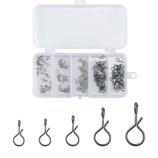 Alwonder 150PCS/Box Fly Fishing Snap, 5 Sizes Stainless Steel Quick Change Lure Snaps No Knot Snap Quick Snap Fast Snap Lure Connector for Jigs Lures Fishing Clips Swivels Fishing Tackle