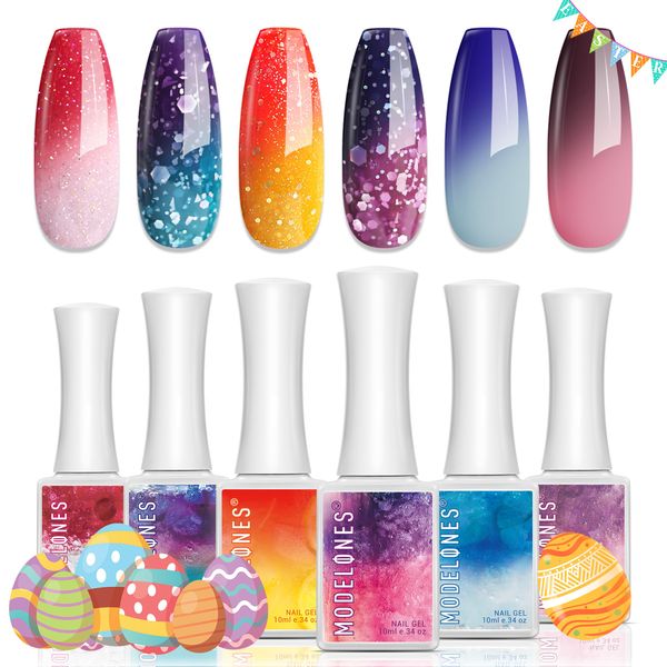 modelones Color Changing Gel Nail Polish, 6 Colors Easter Pink Blue Purple Orange Mood Temperature Change Gel Polish Set Soak Off DIY Home Nail Art