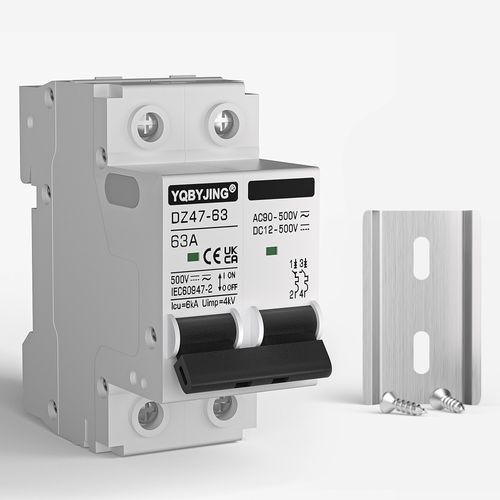 YQBYJING 63 Amp DC Circuit Breaker Solar Panel Disconnect Switch 12V-500V 2 Poles Miniature Circuit Breaker for Outdoor PV Battery Homes, AC 110V DIN Rail MCB
