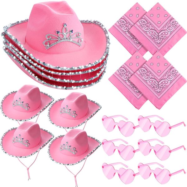 Coume 18 Pcs Pink Cowgirl Cowboy Western Hat with Crown Princess Sequin Bachelorette Party supplies Heart Glasses Paisley Bandanna for Western Rodeo Party Halloween Christmas Cosplay