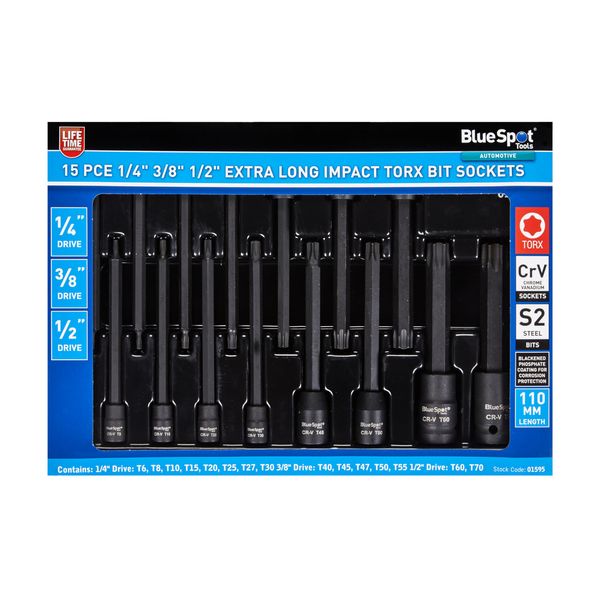 Blue Spot Tools 15 PCE 1/4", 3/8" & 1/2" Extra Long Impact Torx Bits Sockets (T6-T70)
