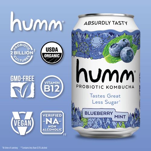 Humm Kombucha Blueberry Mint, Organic, Vegan & GMO Free (12 Pack)