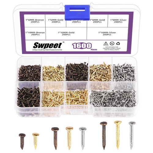 Swpeet 1600Pcs 3 Colors 6mm 8mm 10mm Small Hardware Tiny Nails Wooden Screws Assortment Kit, Tiny Wooden Nails Mini Nails Gold Silver Bronze Common Nails Boxed for DIY Decorative