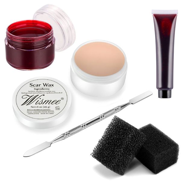 Wismee Sfx Makelup Kit Halloween Makeup Special Effects Makeup Scar Wax Kit, Fake Wound Moudling Scar Wax Nude Color Putty (1.6 Oz), Fake Scab Blood Gel(1.06Oz), Stipple Sponge, Makeup Spatula Tool