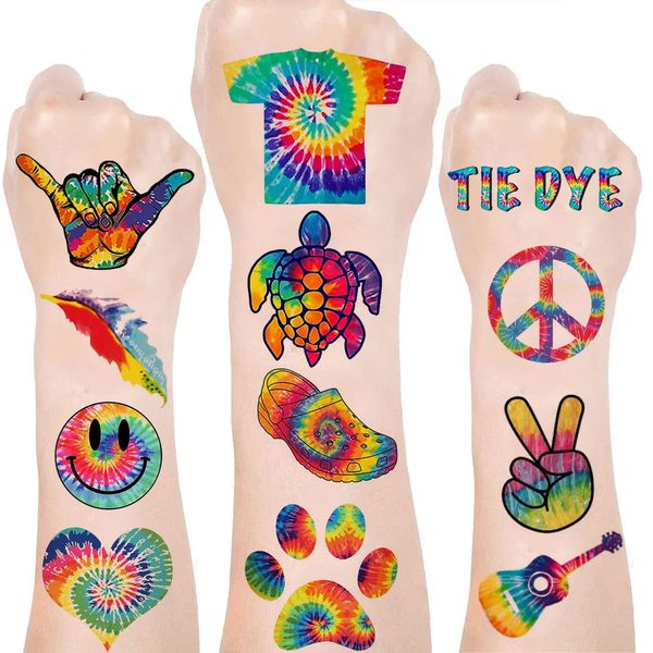 Tie Dye Party Favor 120pcs Tie Dye Temporary Tattoos Stickers 20 Sheet Body Art Fake Tattoo Tie Dye Birthday Party Decorations supplies for Kids Boys Girls Carnival Rewards