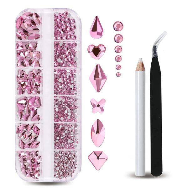 Nail Art Rhinestones Nail Gemstones, 810Pcs Mix Shaped Flatback Crystals Diamonds,with Tweezers and Picking Rhinestones Pen,for DIY Craft Makeup Dressup Manicure Decoration Clothes Shoes(Pink)