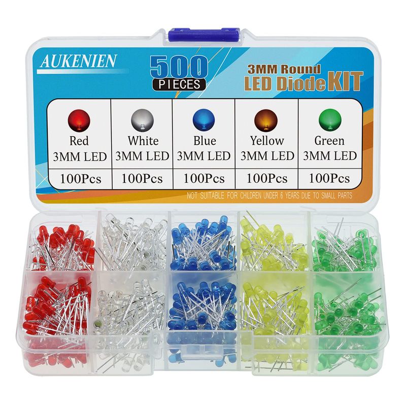 AUKENIEN 500pcs 3MM LED Diodes Light Emitting Diode Assortment Kit 5 ...