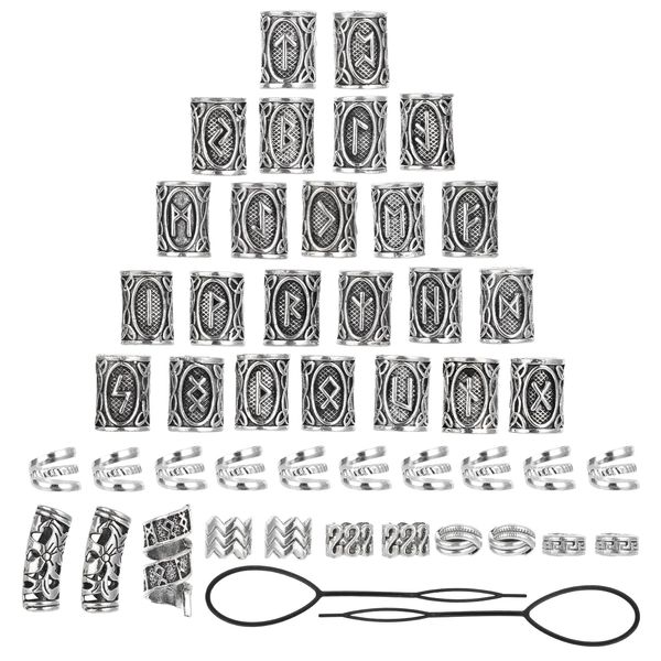 Qianyu 67 Pcs Hair Tube Beads Norse Vikings Runes Hair Jewelry Beard Beads for Bracelets Pendant Necklace DIY Metal Braiding Dreadlock Beads Decoration for Hair Braids Viking Beads Kits