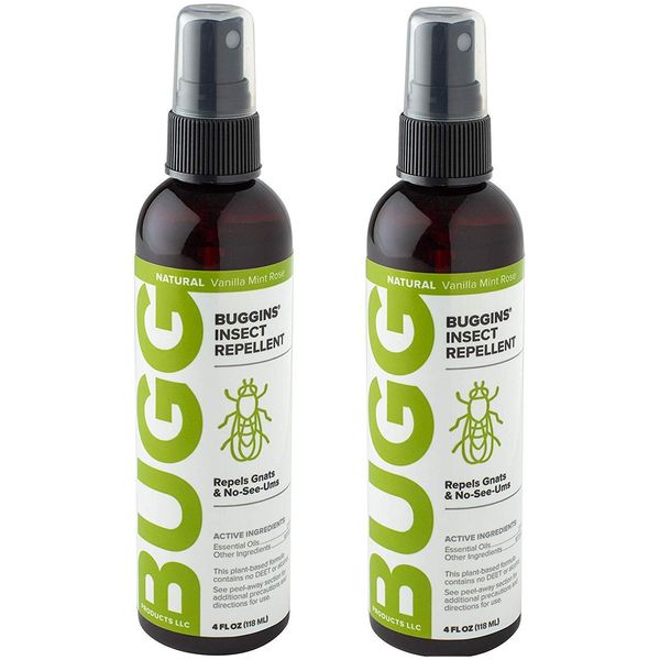 Buggins Natural Insect Repellent, DEET-Free, Repels Gnats & Flies, Plant Based, Vanilla Mint & Rose Scent, 4-oz (2 Pack)