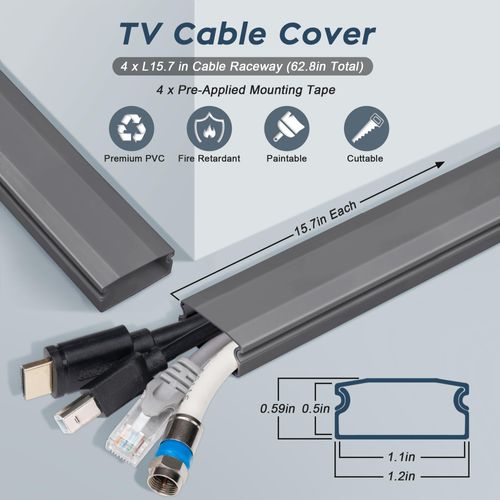 62.8in TV Cable Hider - Cord Hider Cable Management Wall, Cable Raceway Grey Wire Hider, Paintable Cable Concealer for Wall Mounted TV, Wall Wire Covers for Cords, 4* L15.7in *W1.2in *H0.59in