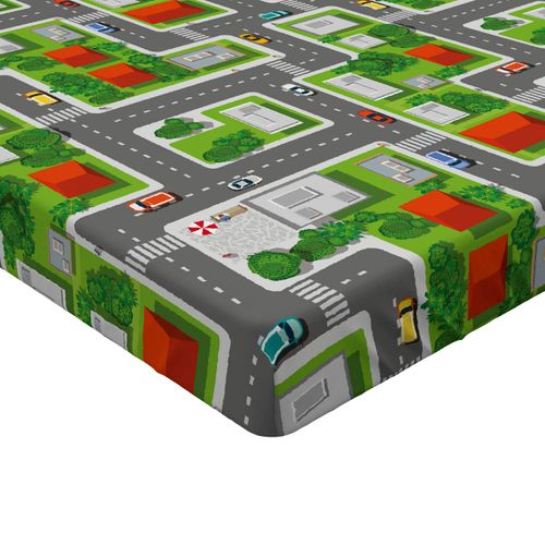 Ambesonne City Fitted Sheet, Birds Eye View Map of The Abstract Town Streets Roads Houses and Cars Cartoon Print, Bed Cover with All-Round Elastic Deep Pocket for Comfort, Twin Size, Grey Green