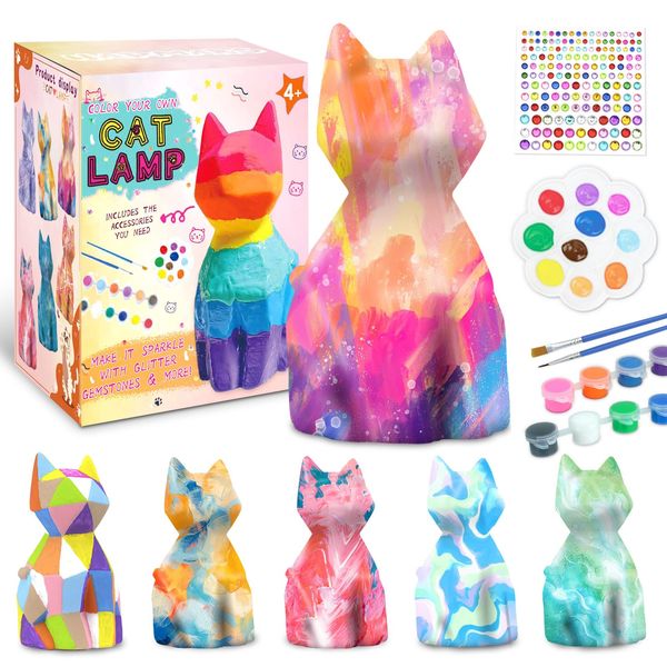 HAPMARS Paint Your Own Cat Lamp Kit 2pcs, DIY Geometric Cat Art Craft Painting Kits for Girls Boys Kids Age 4 5 6 7 8 9 10 11 12+, Art Supplies Creative Gifts for Birthday Halloween Christmas