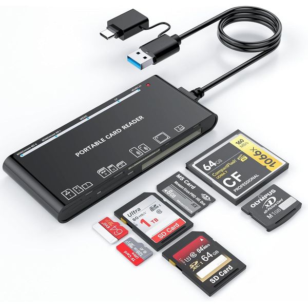 7 IN 2 USB 3.0 SD Card Reader, SD/TF/CF/Micro SD/XD/MS Card Adapter, 5Gbps High Speed USB C SD Card Reader for iPhone 16/15/14/iPad/MacBook/Samsung, Windows,Mac OS,Linux