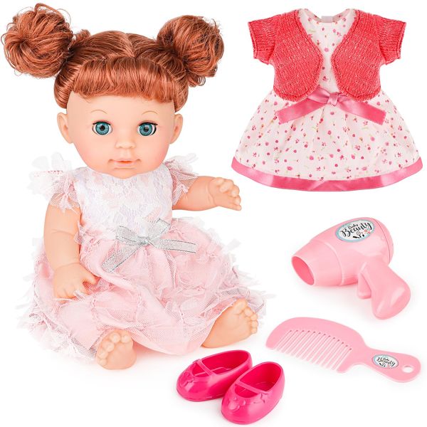 deAO 11 Inch Girl Doll with Hair and Accessories Baby Girl Dolls Toy Set Fashion Doll with Long Fine Hair and Dresses, Shoes, Comb & Hair Dryer Baby Girl Playset