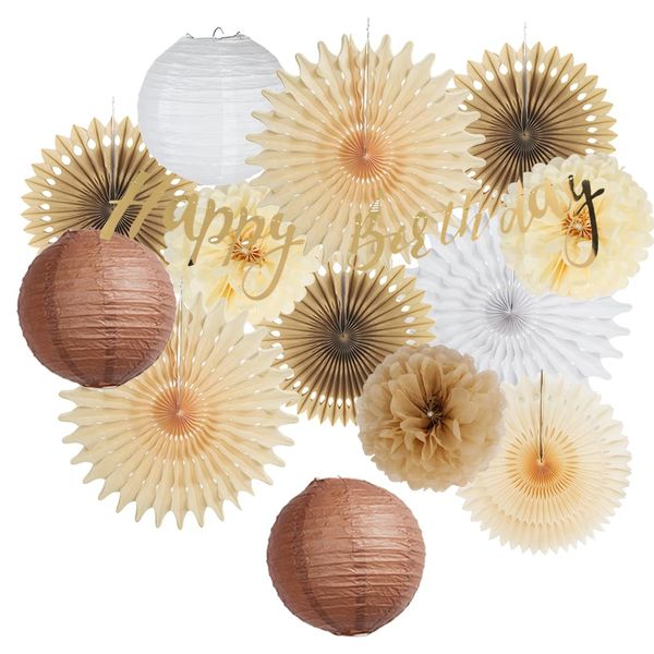 Beige and Brown Birthday Decorations Neutral Rustic Birthday Decorations Tan Cream Paper Fans Party Decorations Boho Natural Happy Birthday Decorations for Women Girls