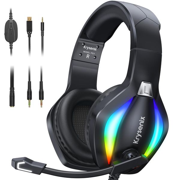 Krysenix PG1 RGB Gaming Headset for PS4/PC/Xbox, PS5 Headset with Mic, Gaming Headphones with Microphone, Xbox One Headset with 3.5mm Jack Black