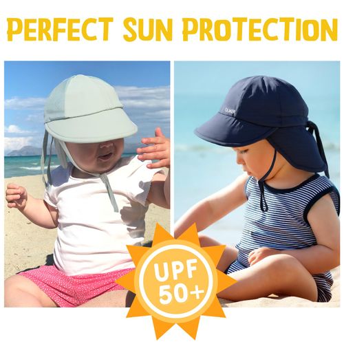 OLIKER 2 Pack Baby Sun Hat with Breathable Mesh, UPF 50+ Quick Drying Unisex Baby Toddler Sun Hat for Summer Beach Swim (6-24M Gray Green + Navy Blue)