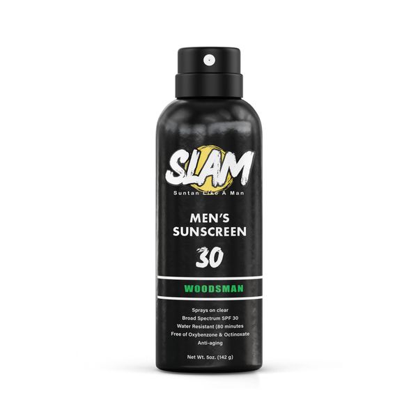 SLAM WoodsMan - Men's Scented Sunscreen, SPF Sunscreen Spray, Water Resistant Sunscreen, Octinoxate & Oxybenzone Free, Broad Spectrum UVA/UVB Sunscreen