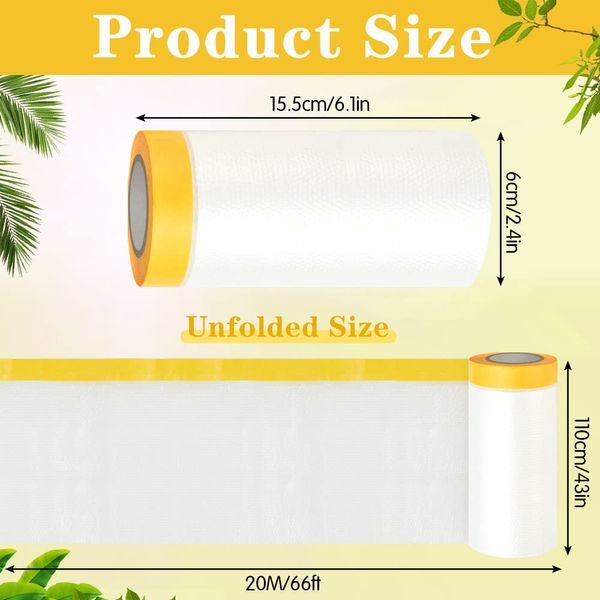 AFASOES 6 Rollen Abdeckfolie Klebeband mit Folie 110cm*20M Transparent Abdeckfolie mit Gewebeklebeband Selbstklebende Malerfolie Malerband UV Beständig Goldband Masker Tape Malerkrepp zum Staubschutz