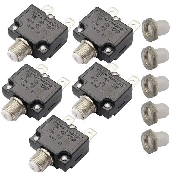 T Tocas 5pcs Push Button Reset 5A Circuit Breakers with Quick Connect Terminals and Waterproof Button Cap