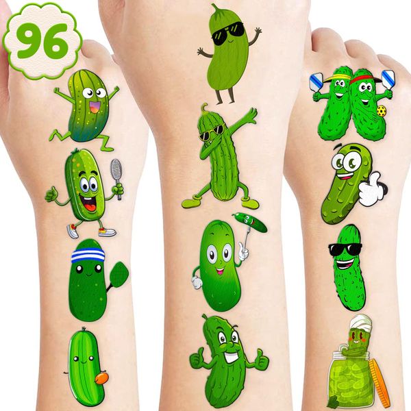 96PCS Funny Pickle Temporary Tattoos Stickers Themed Birthday Party Decorations Supplies Favors Decor Cool Green Pickles Cucumber Fruits Tattoo Gifts For Kids Adults Boys Girls School Prizes Carnival