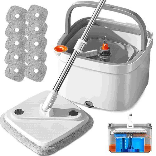 INWEJIA Spin Mop and Bucket Set with Self Separation System 360° Spinning Self-Wringing, Square Clean Mop and Bucket with Wringer-with Replaceable Mop (Light Grey Mop and Bucket Set 10pads)