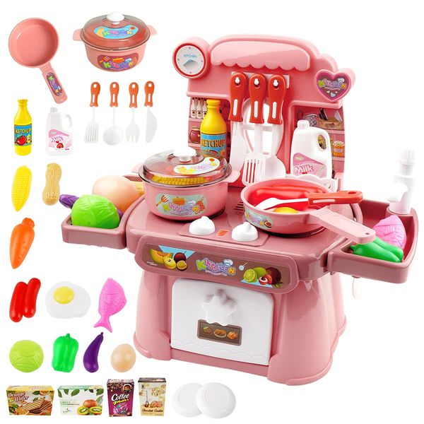 Kitchen Toys Imitated Chef Light Music Pretend Cooking Food Play Dinnerware Set Children Girl Toy Kitchen Sink with Running Water and Electronic Induction Stove (Red kitchen set)