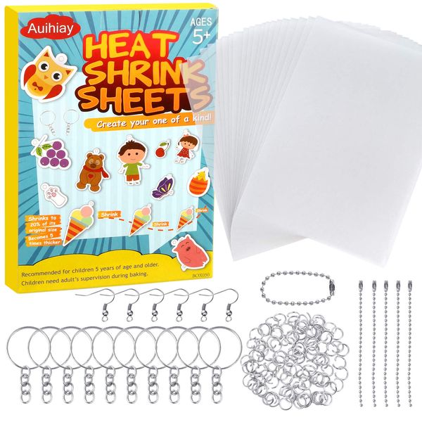 Auihiay 145 Pieces Shrink Plastic Sheet Kit Include 20 PCS Shrinky Paper with 125 PCS Keychains Accessories for Kids Creative Craft