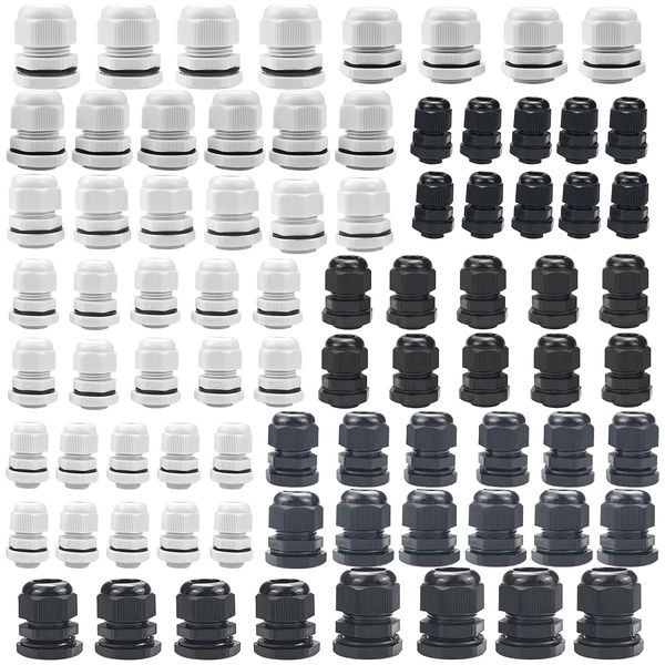 80Pcs Cable Glands Waterproof Cable Glands Adjustable Nylon Cable Connectors,Wire Protector Stuffing Gland Joints PG7 PG9 PG11 PG13.5 PG16 PG19-Black and White