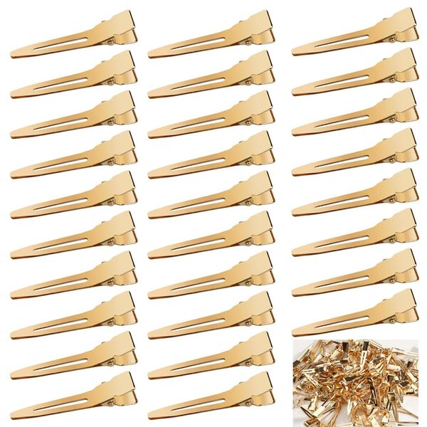 Qearl 120 PCS 1.77" Single Prong Curl Clips Gold Curl Pins Duckbill Clips Metal Alligator Clips for Hair Extensions Styling (Gold)