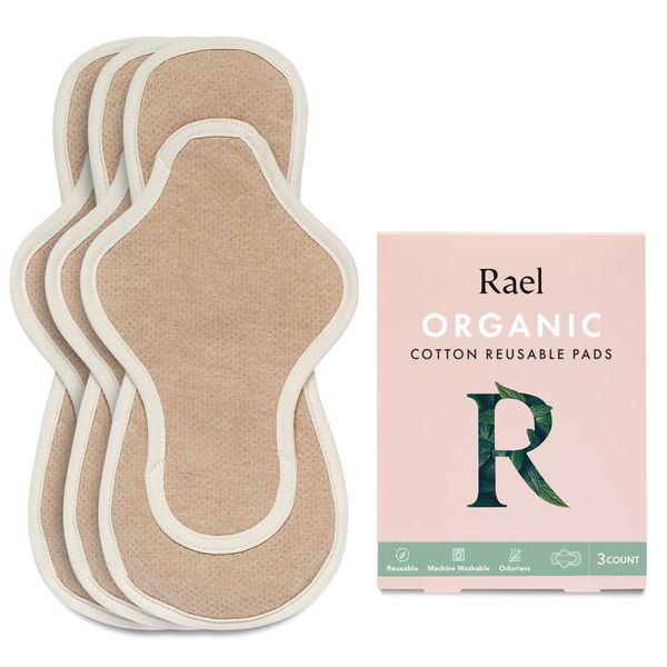 Rael Reusable Pads Menstrual, Organic Cotton Cover Pads - Postpartum Essential, Regular Absorbency, Thin Cloth Pads, Leak Free, Washing Machine Safe, Menstrual Pads with Wings (3 Count, Large)