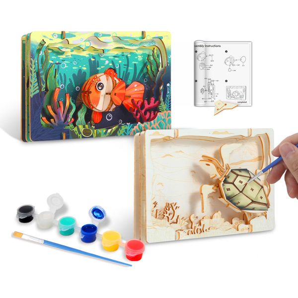 LukiWit DIY Crafts Kit for Kids Build & Paint Your Own Wooden Craft - Sea Turtle, Fish with Unique Story Backdrop 2 Pack Wood Art Craft Set Painting Activity for Boy & Girl Ages 6 7 8 and Up