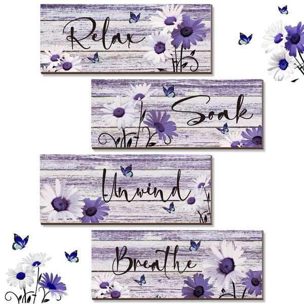 ZINYAZHE 4 Pcs Farmhouse Bathroom Wall Decor Purple Daisy Floral Flowers and Butterfly Purple Bathroom Wall Art Relax Soak Unwind Breathe Rustic Wood Plaque for Home Spa Laundry (Purple,10 x 4 Inch)