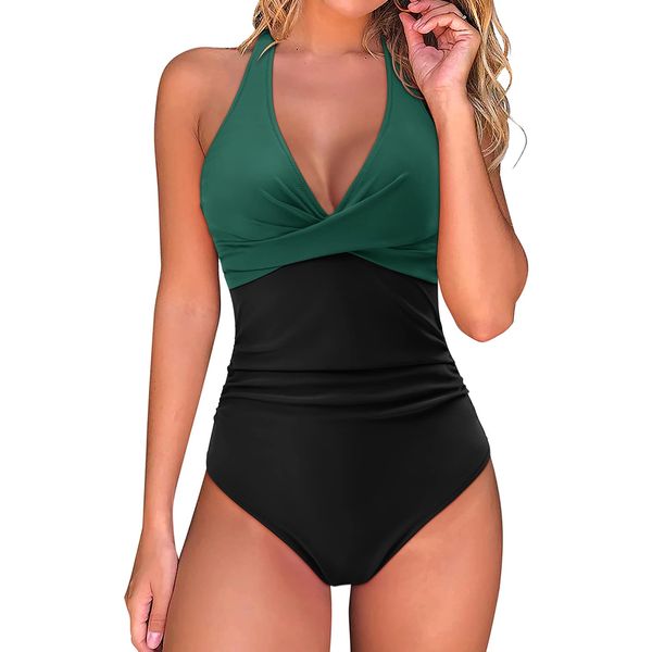 DOULAFASS Swimming Costume Women Tummy Control Push Up Swimsuit Halter V Neck Padded One Piece